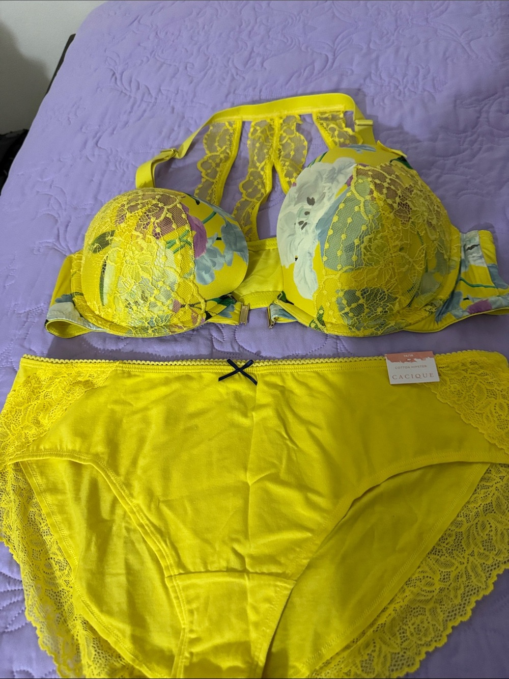 Cacique Bright Yellow Floral Lace Push-Up Bra & Brief Set
